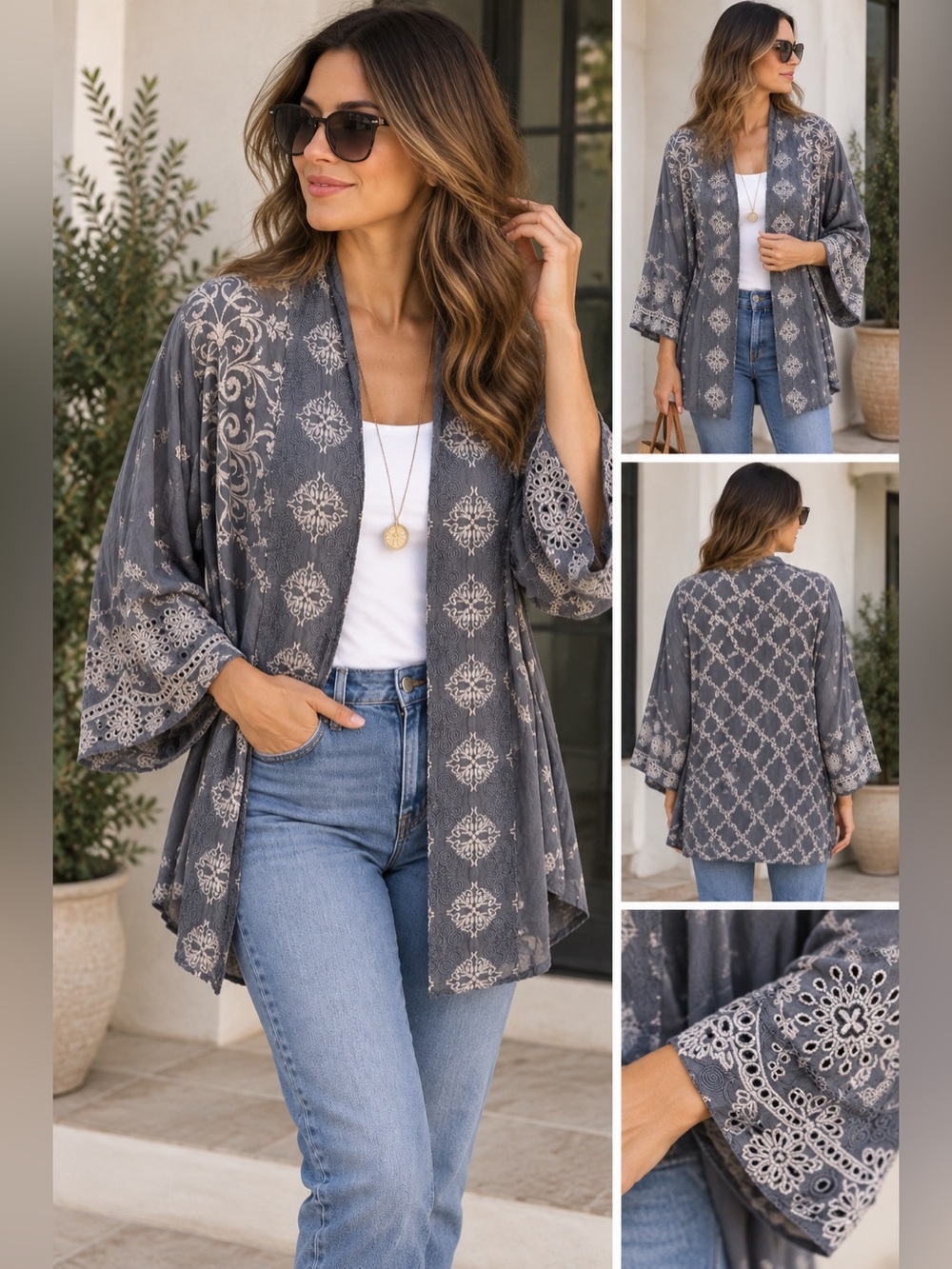 Johnny Was Embroidered Open Front Kimono Cardigan Gray XL